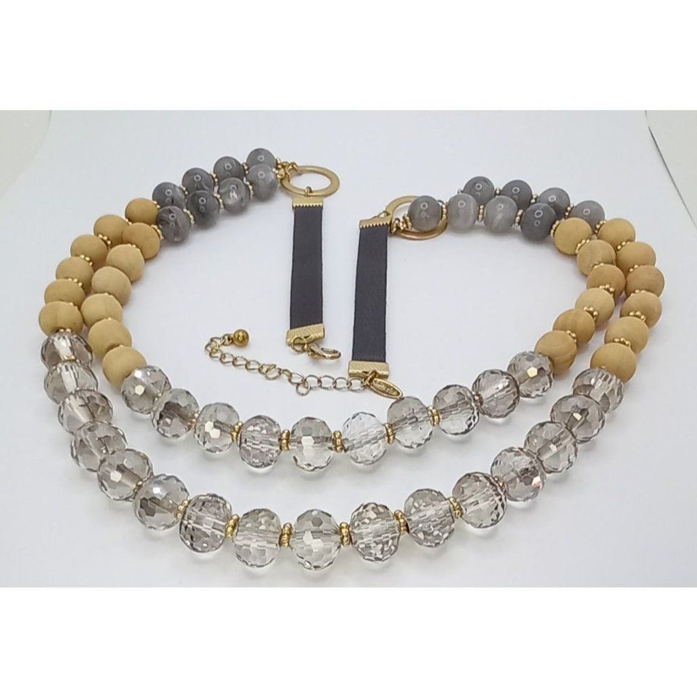 Natasha Necklace Faceted Glass Beads Quartz‎ Like and Wood Beads Gold Tone